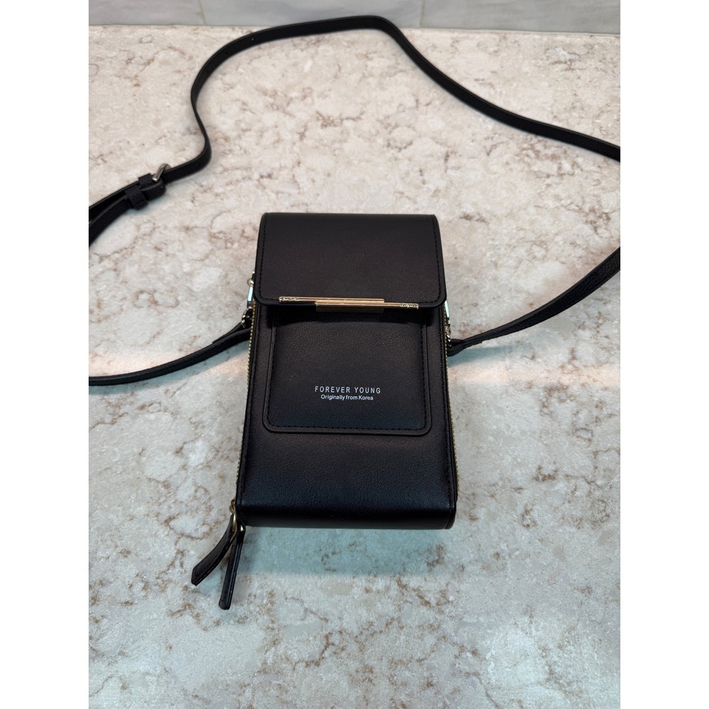 Forever Young Black Crossbody Phone Bag Wallet Double Zip Gold Hardware Korea